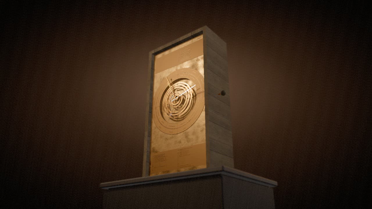 The reconstruction in its wooden case on a plinth, spot-lit in a dark gallery, as the live exhibit opens